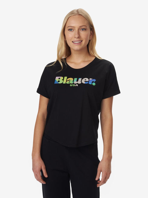 T-shirt Donna con stampa frontale gommata in rilievo Nero BLAUER- Francavilla Moda
